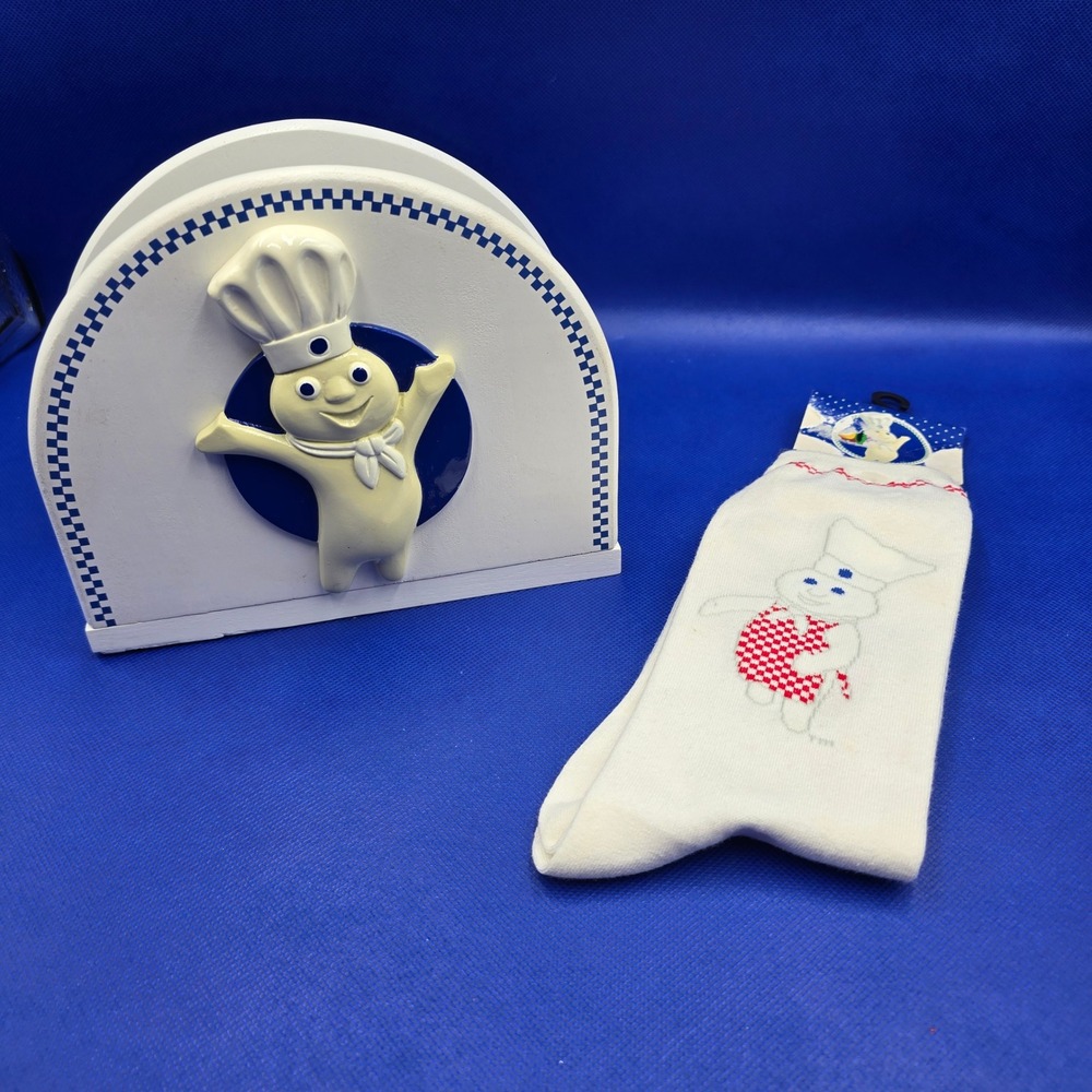 Vintage Pillsbury Doughboy Wooden‎ Napkin Holder & Socks Lot kitchen White Blue